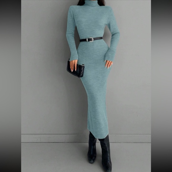 Luxe blue  high neck sweater bodycon dress - Picture 1 of 16